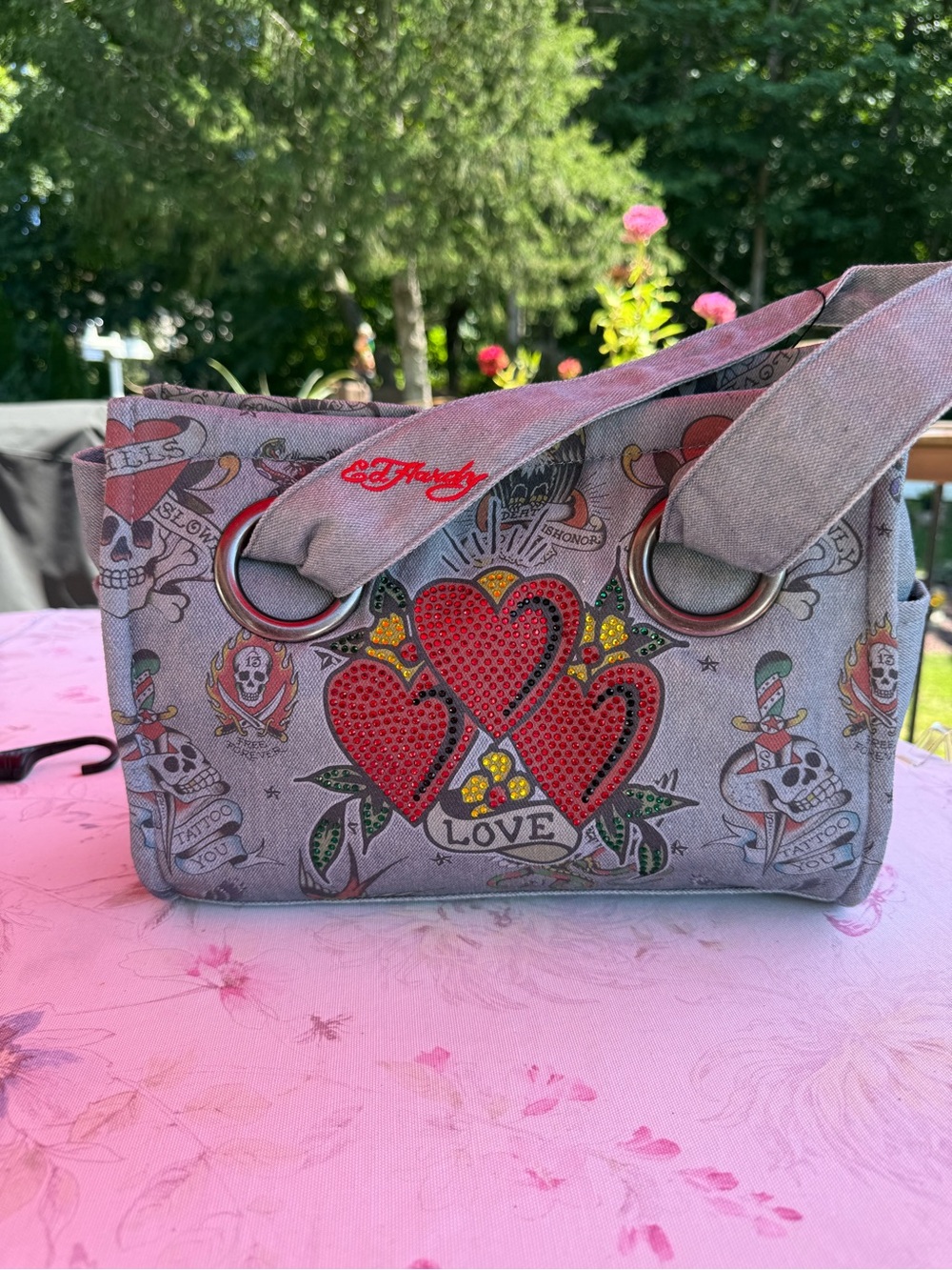 Ed Hardy Denim Shoulder Bag with Red Heart Motif